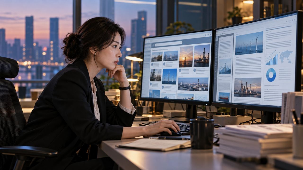 AI 동향조사 업무에서 여러 뉴스 검색창과 보고 문서를 번갈아 확인하는 담당자의 모습