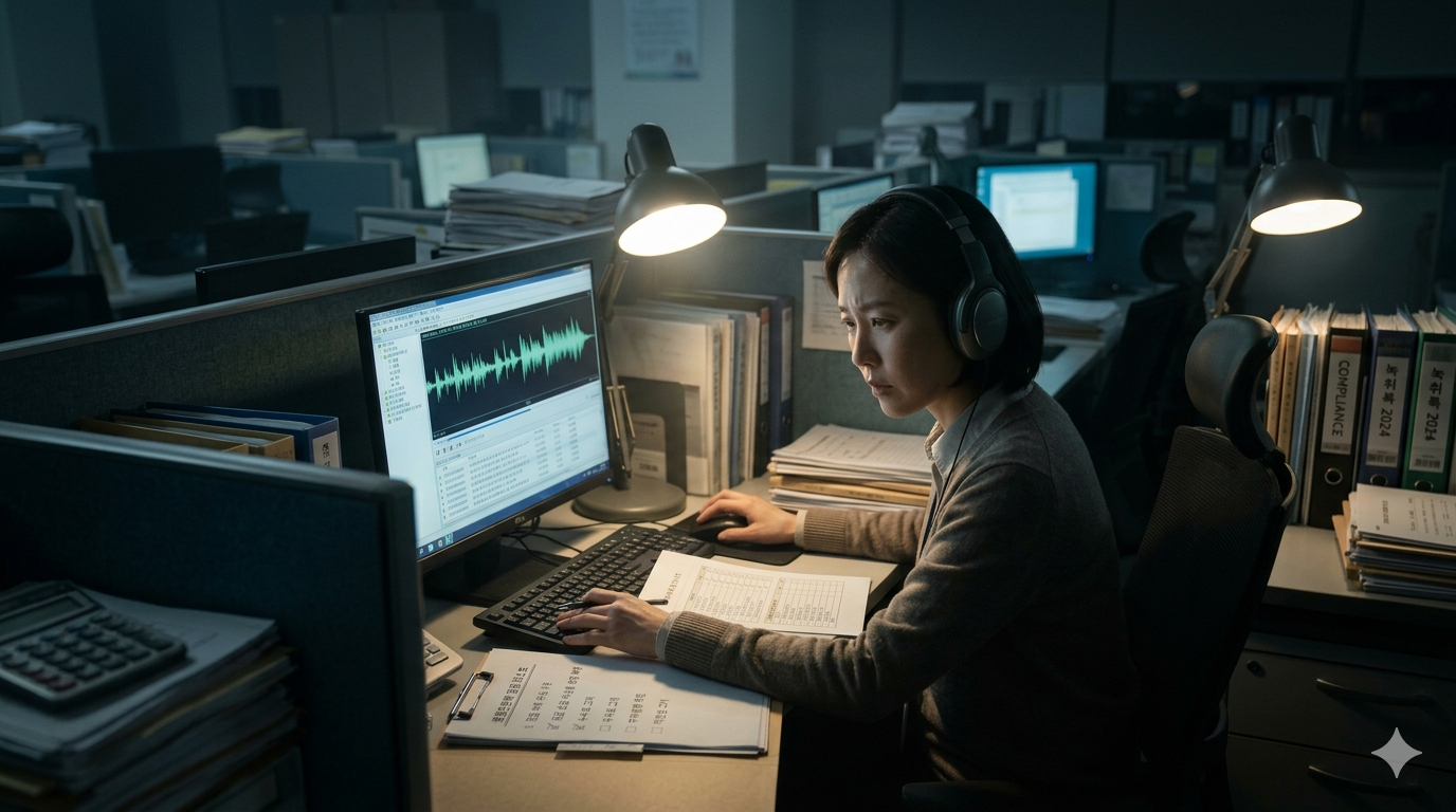 금융사 컴플라이언스 담당자가 이어폰을 끼고 수백 건의 MP3 녹취파일을 수작업으로 점검하는 모습