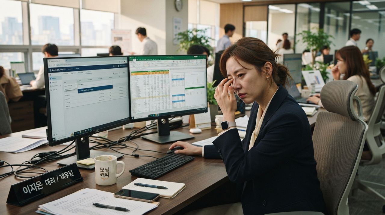배경 섹션 - 매일 아침 사내 관리 시스템에 접속해 여러 화면을 오가며 지점별 엑셀 파일을 일일이 내려받고 정리하는 서비스 운영 담당자의 반복 업무 상황