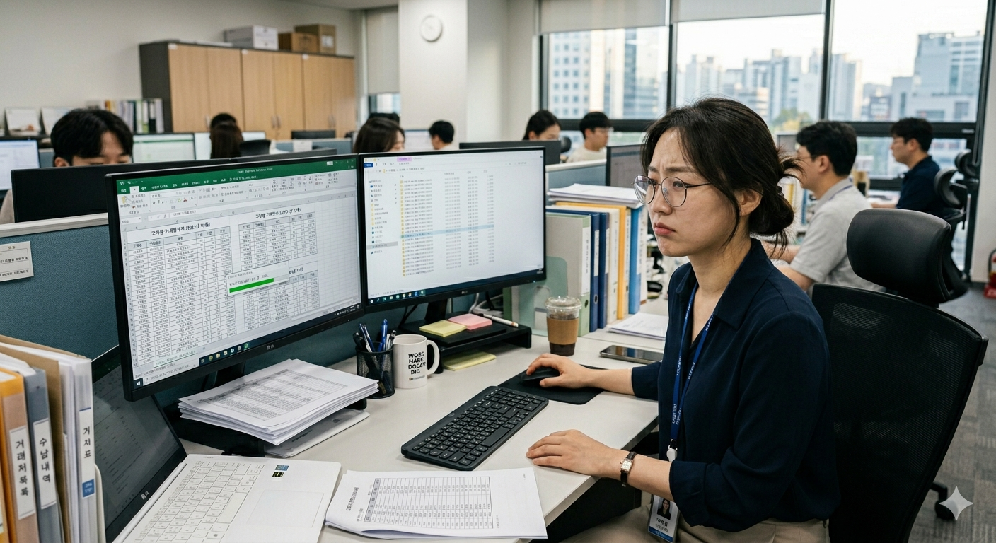 고객별 거래명세서 엑셀 파일과 이메일 프로그램을 열어놓고 수작업으로 한 통씩 발송하는 모습