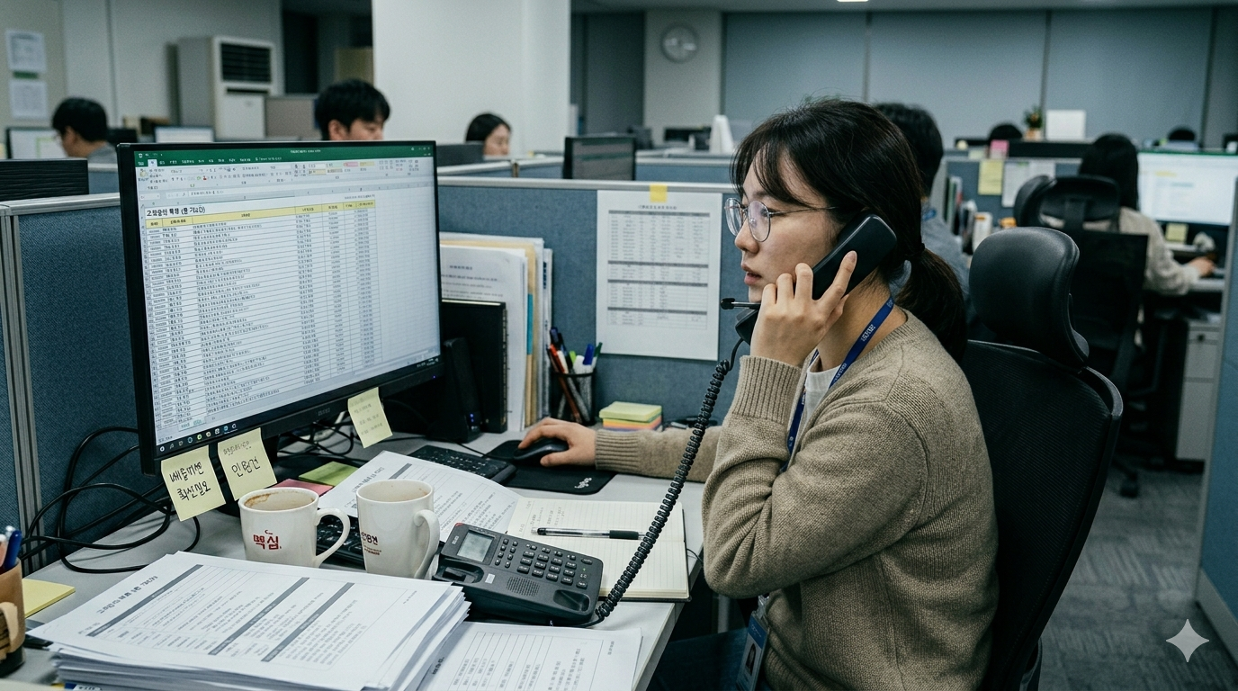 고객센터 담당자가 엑셀 고객 문의 데이터를 수동으로 분류하는 모습