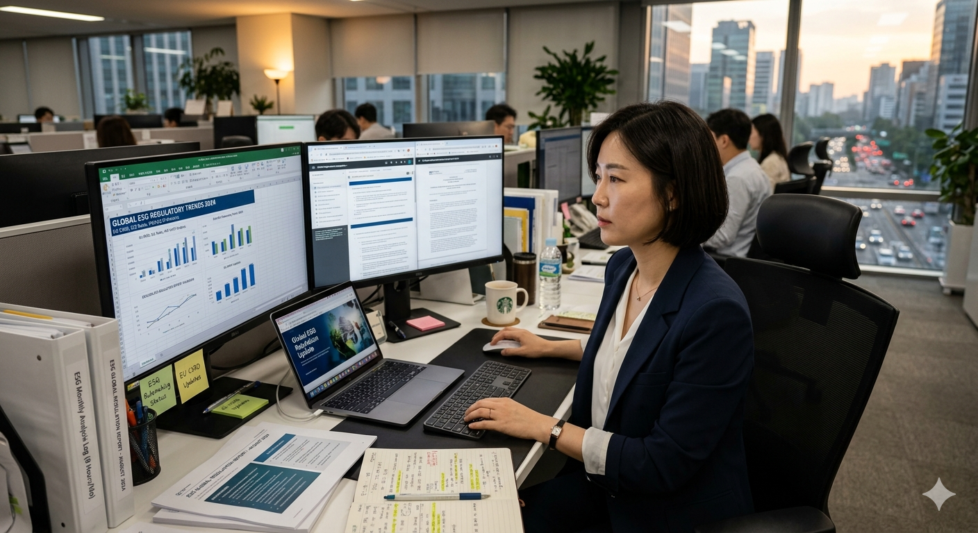 ESG 규제 뉴스를 수작업으로 검색하고 엑셀에 정리하는 모습