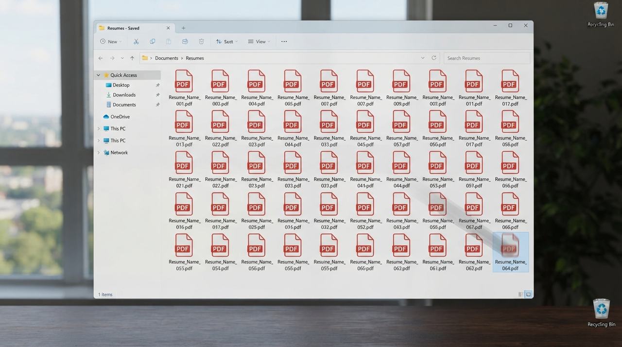 AI 자동화로 이력서 PDF 파일이 폴더에 실시간으로 저장되는 모습