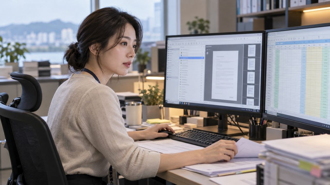 AI 업무자동화를 주제로 메일 첨부 문서와 분류용 엑셀을 번갈아 확인하는 대외업무 담당자