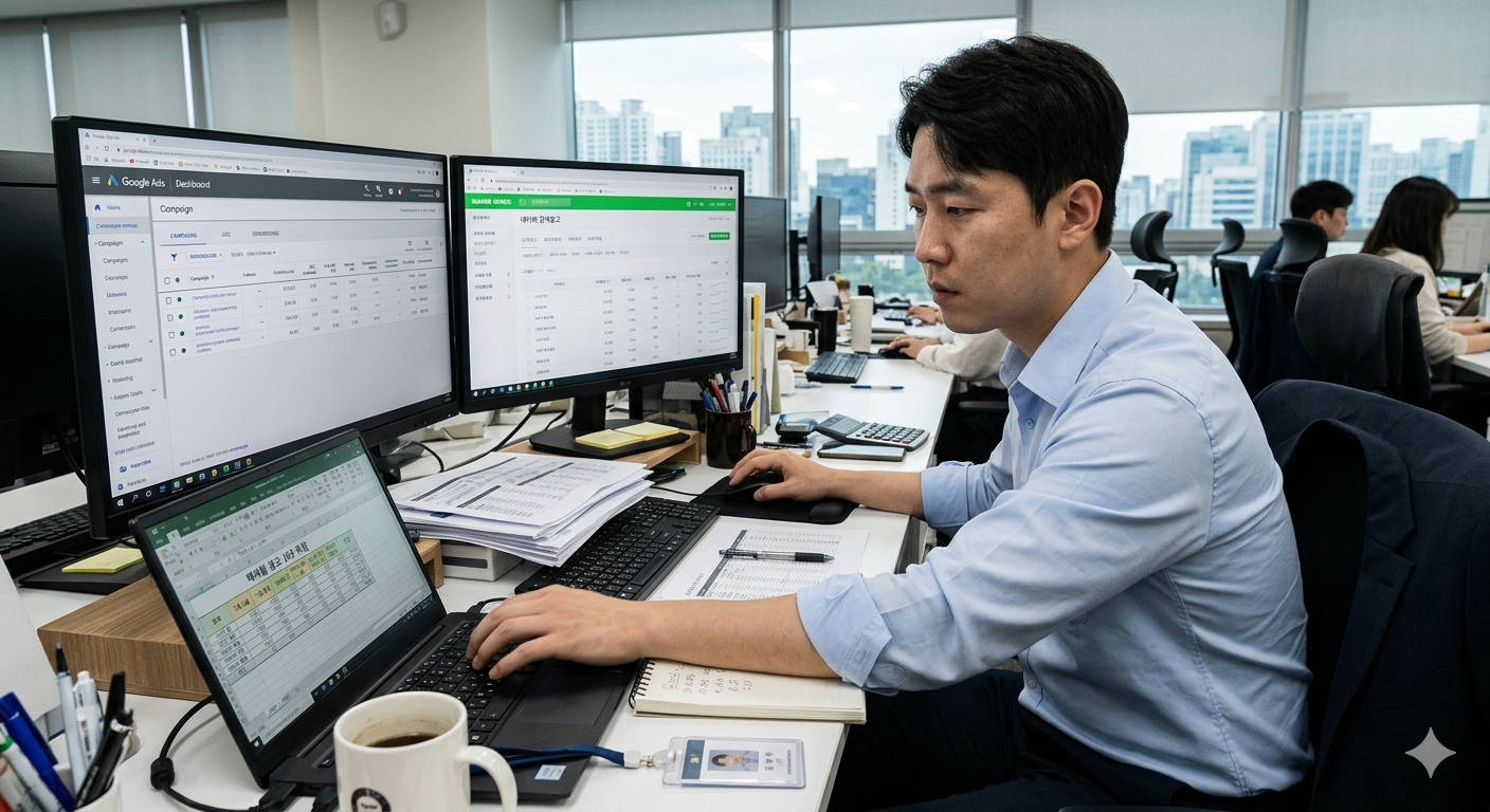 광고 담당자가 구글 애즈와 네이버 SA 화면을 번갈아 보며 엑셀에 데이터를 수작업으로 취합하는 모습
