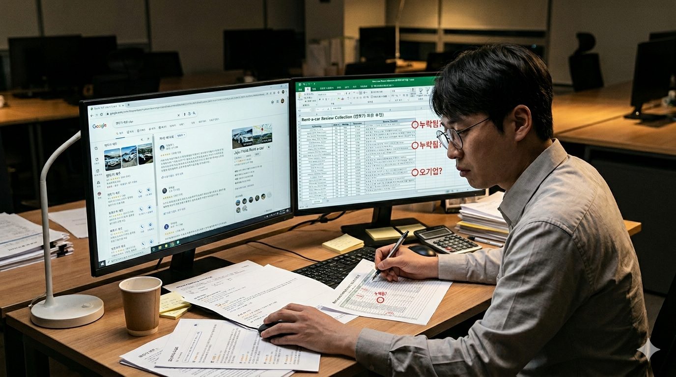 구글지도에서 렌트카 업체 리뷰를 수작업으로 검색하고 엑셀에 정리하는 모습
