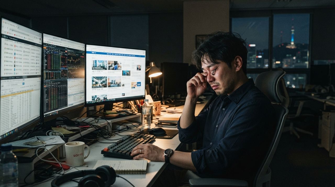 배경 섹션 - 수많은 부동산 및 데이터센터 뉴스 기사를 웹 브라우저에서 하나씩 검색하며 야근 중인 자산기획 담당자의 피로한 업무 모습