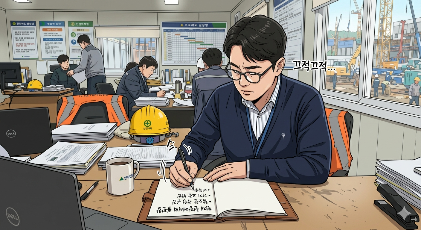 작업 현장에서 업무를 상세히 파악하고 개선을 위해 불편함을 적고 있는 직장인의 모습