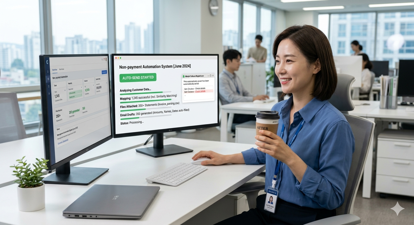 AI 및 RPA 업무 자동화 도입 후 엑셀 거래명세서 수백 건을 클릭 한 번으로 처리하며 여유롭게 커피를 마시는 한국인 여자 직장인의 모습 (바이브 코딩 활용)